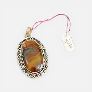 Sterling Silver 925 Banded Agate Pendant Brown Orange Statement Stone
